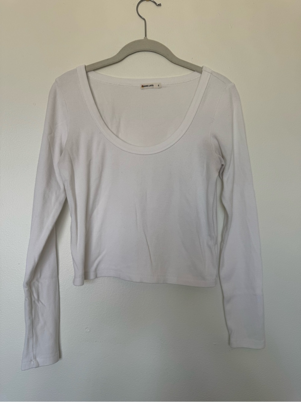 Marine Layer Crop Ribbed Women's White Scoop Neck Long Sleeve Top